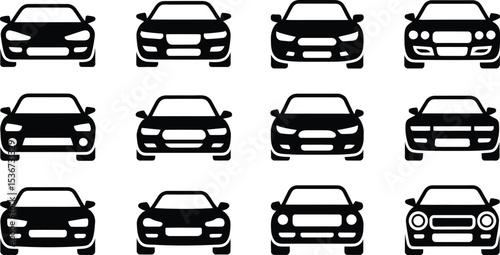 Diverse Car Front View Icons Set in Black and White Transportation Concept