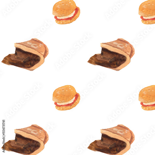 English pie and scone watercolor pattern. English food simple seamless pattern. Cuisine food and drink wallpaper over a white background. Cute realistic colorful style for decoration, menu template.
