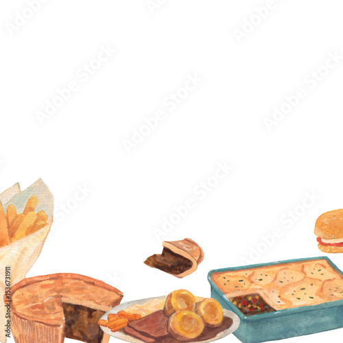 English food watercolor background: Shepherd pie, Steak and kidney pie, Sunday roast, fish and chips, scone illustrations.  English cuisine wallpaper. Realistic cute textured style. 
