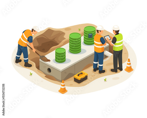 Construction workers installing green energy efficient septic system underground infrastructure improvement project