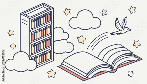 Reading literature concept. Books 3d icon flying with clouds and stars, Education and online class concept. Library, opened closed books stack Vector. Literary world            