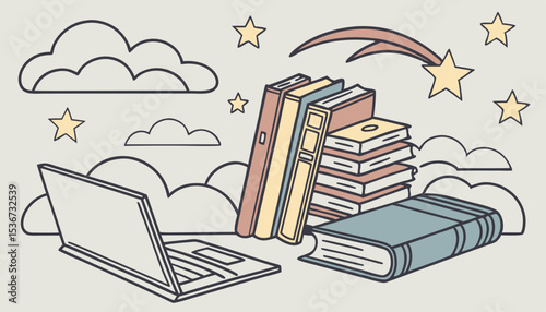 Reading literature concept. Books 3d icon flying with clouds and stars, Education and online class concept. Library, opened closed books stack Vector. Literary world            