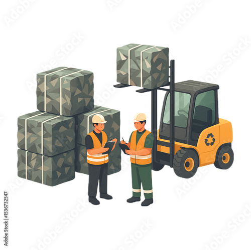 Workers inspect packaged goods near a forklift a warehouse scene depicting efficient logistics and inventory management