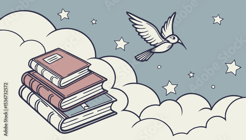 Reading literature concept. Books 3d icon flying with clouds and stars, Education and online class concept. Library, opened closed books stack Vector. Literary world            