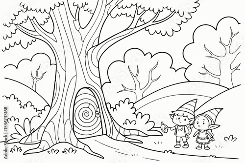 coloring page for kids, a magical clearing in a forest where a large, ancient tree has a glowing, swirling portal in its trunk, friendly magical creatures like fairies and gnomes are peeking out, bold