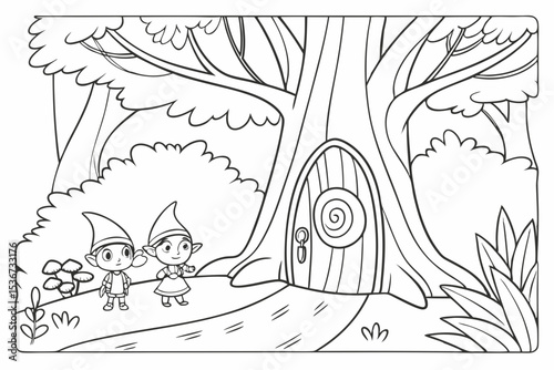 coloring page for kids, a magical clearing in a forest where a large, ancient tree has a glowing, swirling portal in its trunk, friendly magical creatures like fairies and gnomes are peeking out, bold