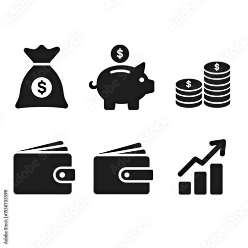A set of scalable finance icons featuring money bag, piggy bank, coins, wallet, and growth chart ideal for business branding and website design