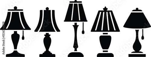 Collection of Five Table Lamps in Black Silhouette on White Background