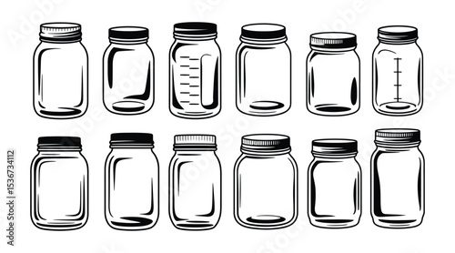 Black and White Line Art Illustration of Various Empty Glass Mason Jars