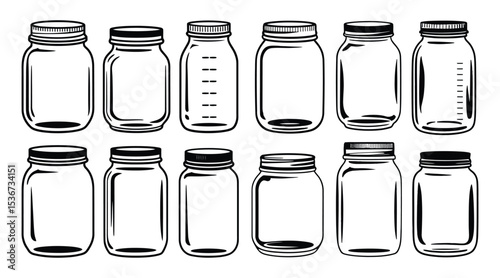 Black and White Line Art Illustration of Various Empty Glass Mason Jars
