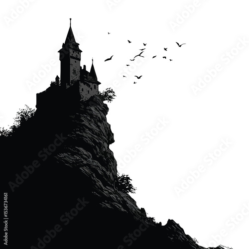 Ancient Castle on a Cliff Silhouette – Dramatic Fairy-Tale Vector Illustration