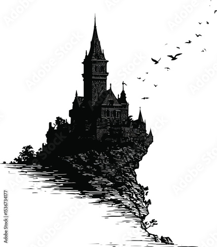 Ancient Castle on a Cliff Silhouette – Dramatic Fairy-Tale Vector Illustration