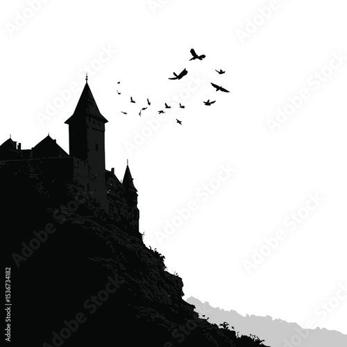 Ancient Castle on a Cliff Silhouette – Dramatic Fairy-Tale Vector Illustration