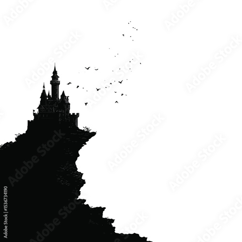 Ancient Castle on a Cliff Silhouette – Dramatic Fairy-Tale Vector Illustration