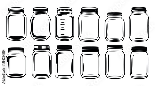 Black and White Line Art Illustration of Various Empty Glass Mason Jars