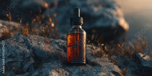 Dark Amber Serum Bottle at Sunset - Elegant Skincare Ambiance photo