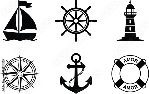 Set of nautical icons including sailboat ship wheel lighthouse compass anchor and life buoy