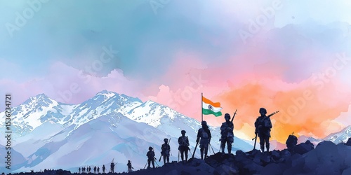 Kargil vijay diwas watercolor poster design with soldiers silhouettes.