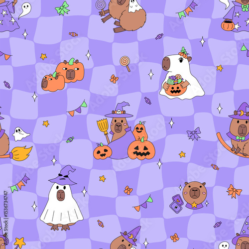 Happy Halloween seamkess pattern with funny capybara animals in wizard, ghost costumes. Holiday retro checkered background with pumpkin, fortune ball, tarot cards, candy, garland