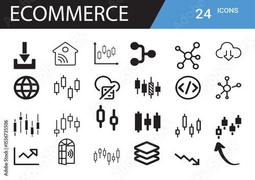 E-commerce Icon Set: A comprehensive collection of vector icons, designed to represent various aspects of digital commerce, encompassing online shopping, web analytics, data transfer.