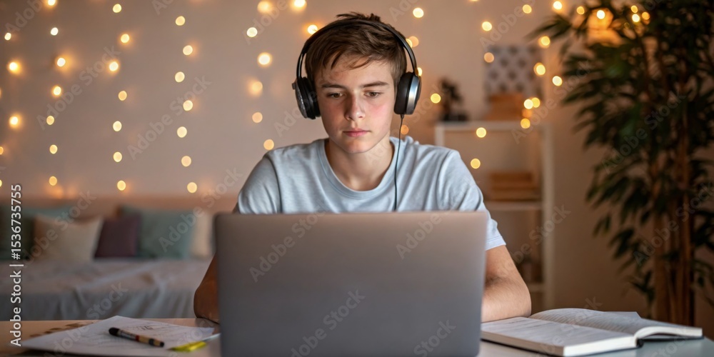 Teen student engaged in online learning at home during evening hours with decorative lights Teen student engaged in online learning at home during evening hours with decorative lights