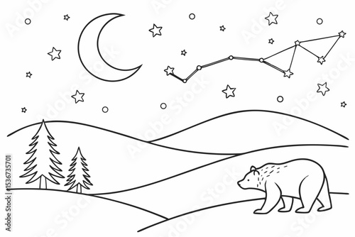 kids coloring page of a night sky over rolling hills, with a big crescent moon and stars forming simple animal constellations like a bear and a fish, a few simple pine trees below, clean and thick out