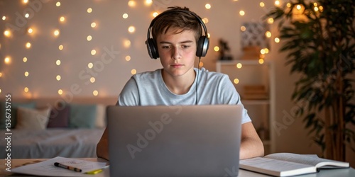 Teen student engaged in online learning at home during evening hours with decorative lights