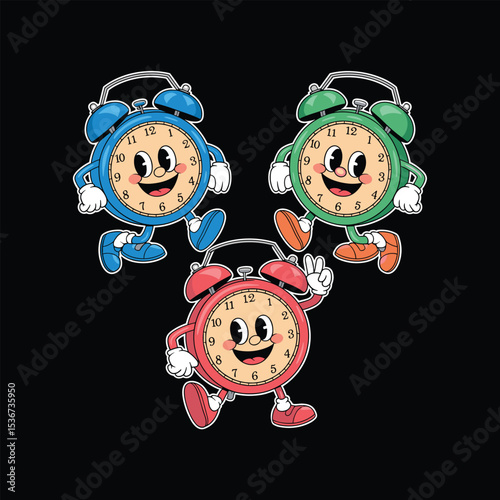 Happy Cartoon Alarm Clocks Set with Colorful Design on Black Background
