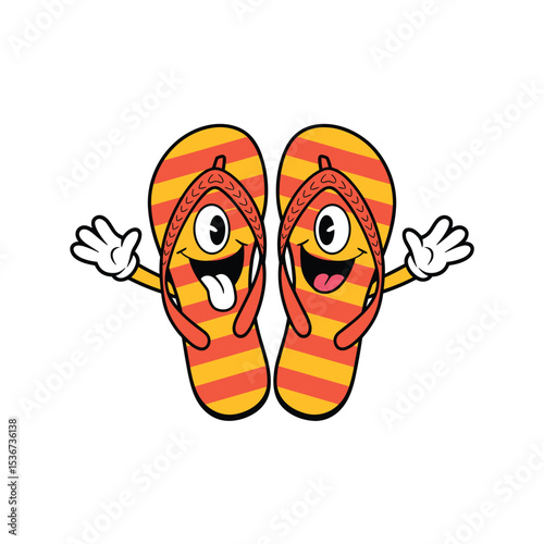Funny Cartoon Pair of Flip-Flops with Happy Faces and Playful Expressions
