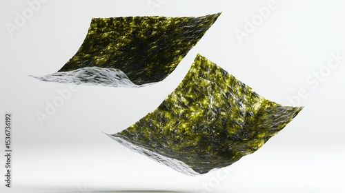 Realistic Photo of Two Sheets of Nori Seaweed Floating on a White Background