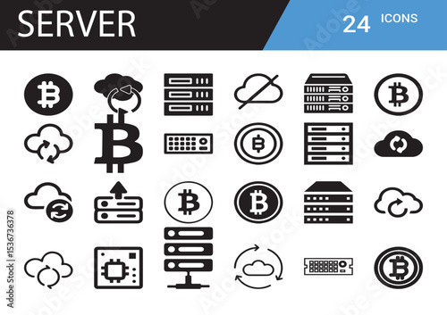 Server Icons: A collection of clean, modern icons representing a cloud computing and server technology in a variety of symbols. 