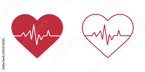 Heartbeat Line Icons in Heart Shape. Filled and Outline Medical Symbols