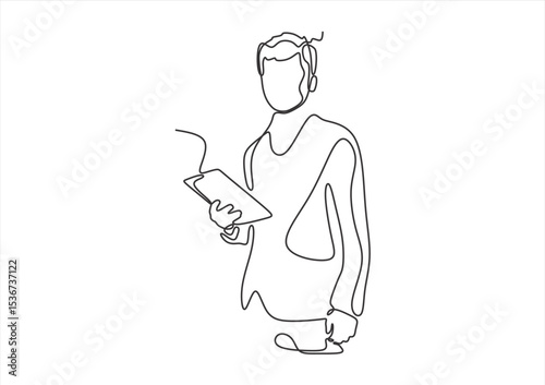 Man holding a tablet in one continuous line.  line icon-continuous line drawing. Editable stroke.