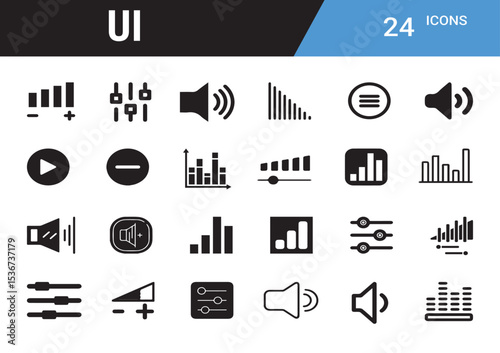 UI Icons: A comprehensive set of user interface icons, designed for easy integration into various digital applications, offering a range of symbols for common functionalities like volume, playback.