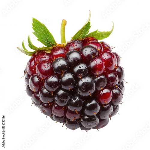Closeup of a single dew covered blackberry isolated on black