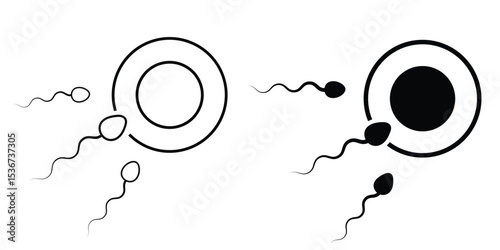 The sperm enters the egg icon. sperm icon and sperm vector that runs towards the egg. Black silhouette. Vector illustration.
