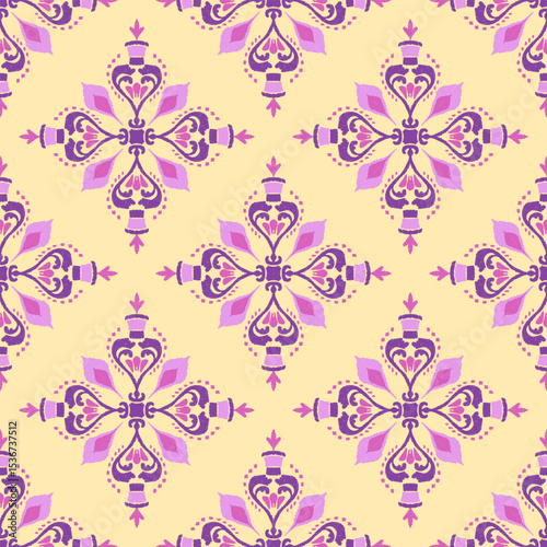 Ikat seamless pattern with decorative elements in pink and yellow colors. Design for wallpaper, pattern fills, backgrounds, and surface textures.