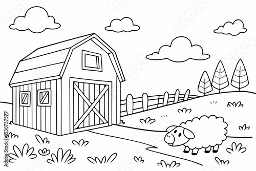 kids coloring page of a simple farm landscape, a red barn with a large open door, a wooden fence, and a fluffy sheep grazing in a field of grass, a few puffy clouds in the sky, bold outlines, cartoon 