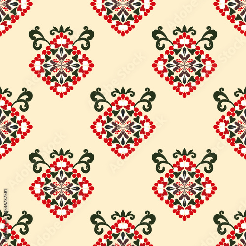 Red, black, and cream Ikat seamless pattern, motif ethnic handmade, ikat ethnic tribal. Ikat vintage style. Designs for textiles, tiles, rugs, wallpaper, and elaborate borders.