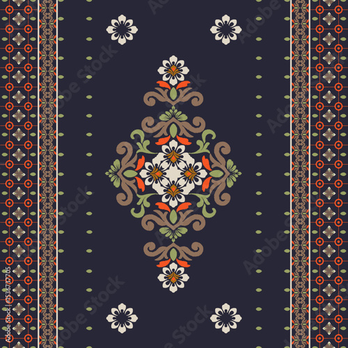 Ikat seamless pattern in oriental style, motif ethnic handmade, Ikat ethnic tribal, dark colors style in print textiles. Ethnic Ikat background art, rugs, curtains, tiles, and elaborate borders.


