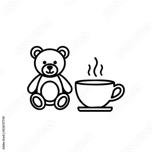Teddy bear and tea cup icon in black line style