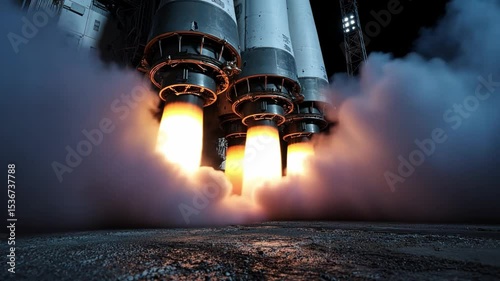 Rocket Launch Ignition with Powerful Engine Flames and Smoke Emission from Rocket Nozzles at Pad