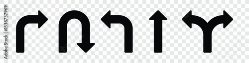 The image shows an arrangement of simple, solid black arrows illustrating various directional options. These include turns, straight paths, U-turns, and bifurcations.