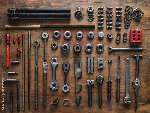 set of old tools on wood background, set of tools