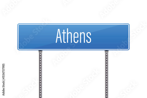 A bright blue sign against a white background clearly indicates the location of 'Athens' in white letters, mounted on poles. The composition is clean and simple.