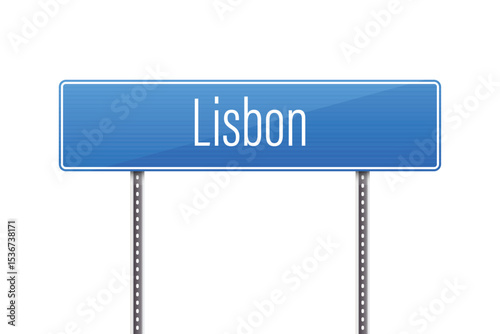 A crisp image shows a blue street sign against a plain white background, directing travelers towards the city of Lisbon. The design is clean, and signage is clear.