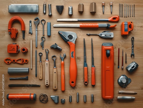 set of old tools on wood background, set of tools 