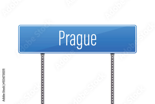 A blue road sign with the name of the city Prague is isolated against a white background. The sign is supported by two dotted metal posts. Destination guidance.