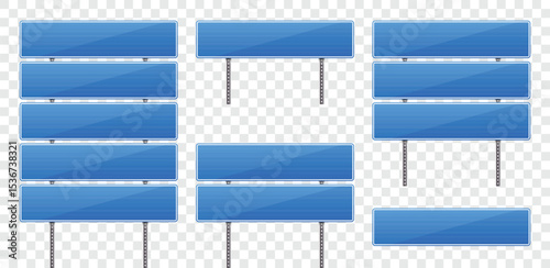 The image showcases a series of blue road signs with reflective surfaces, each mounted on poles against a transparent backdrop, suitable for wayfinding graphics.