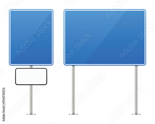 Illustration featuring two blue informational road signs, each supported by a silver metal pole on a white background. One sign has an additional small blank sign.